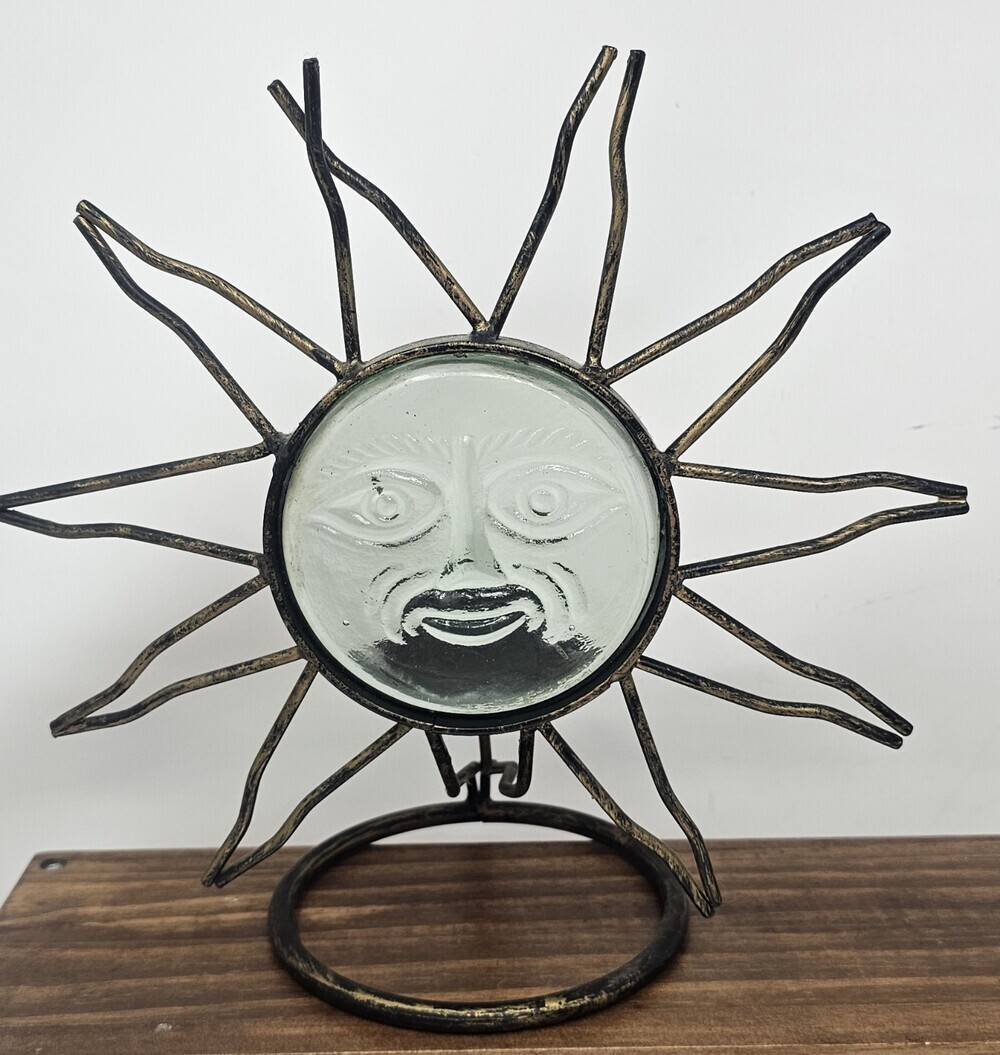 Vtg Celestial Metal Standing Glass Sunburst Face Candle Holder 10" Sun Catcher